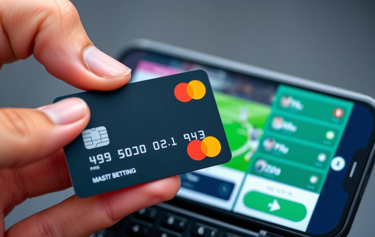 En hånd holder et Mastercard debetkort foran en mobiltelefon med en bettingsapp som viser en fotballkamp.