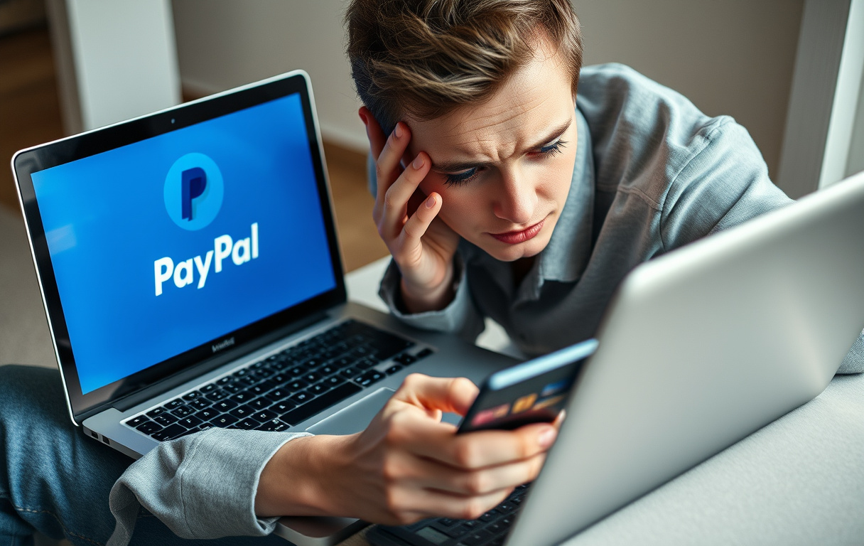 Person med laptop og mobil, PayPal-logo gråtonet og krysset over på bettingside