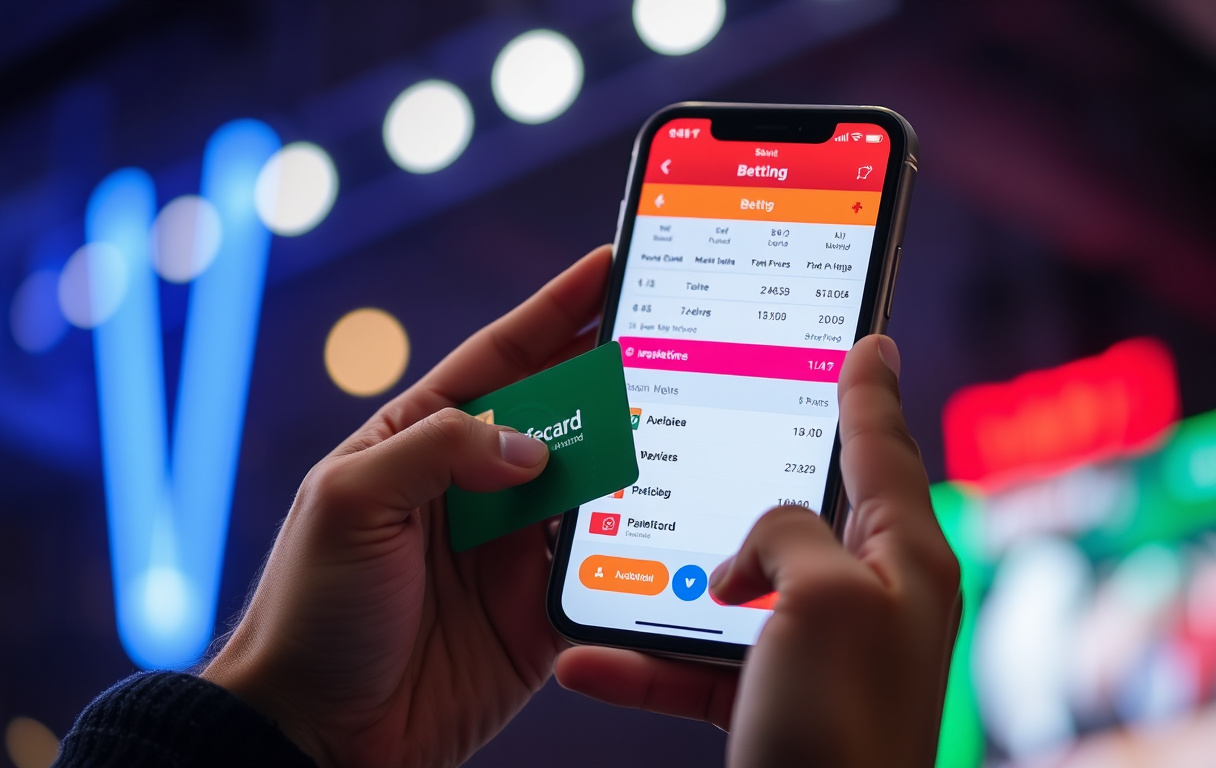 Person med mobiltelefon og Paysafecard-kort ved siden av, betting-app på skjermen