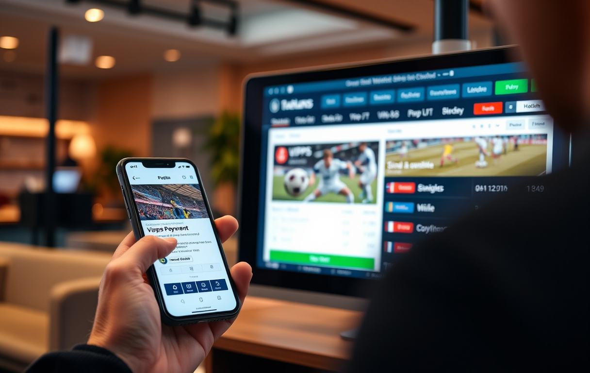 En person som bekrefter en Vipps-betaling på en mobiltelefon ved en sportsbook-skjerm med fotballodds.
