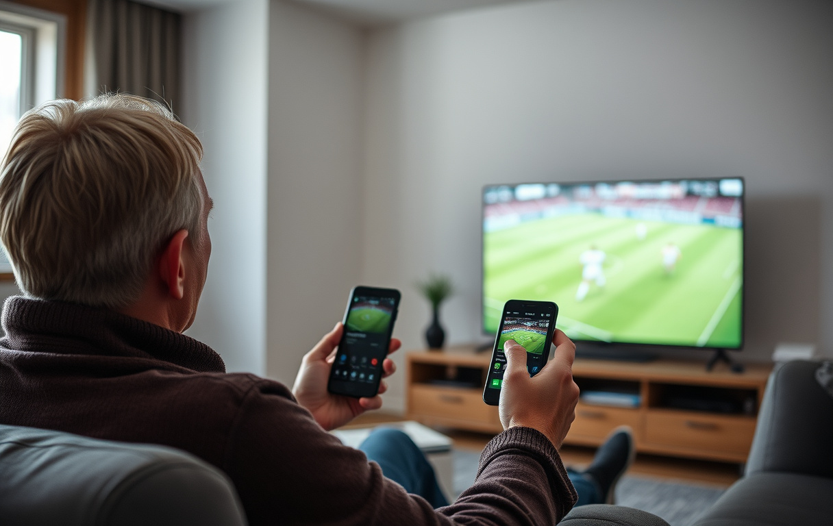 Person som satser på oddsboost via mobil med fotball på TV i bakgrunnen