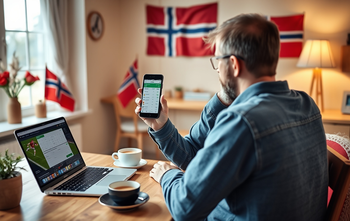 Norsk spiller som sjekker fotballodds på mobilen hjemme, med norsk flagg i bakgrunnen.