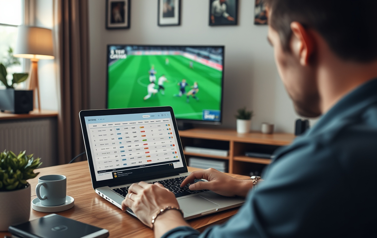 En person som sammenligner odds på en laptop mens en fotballkamp spilles på TV.