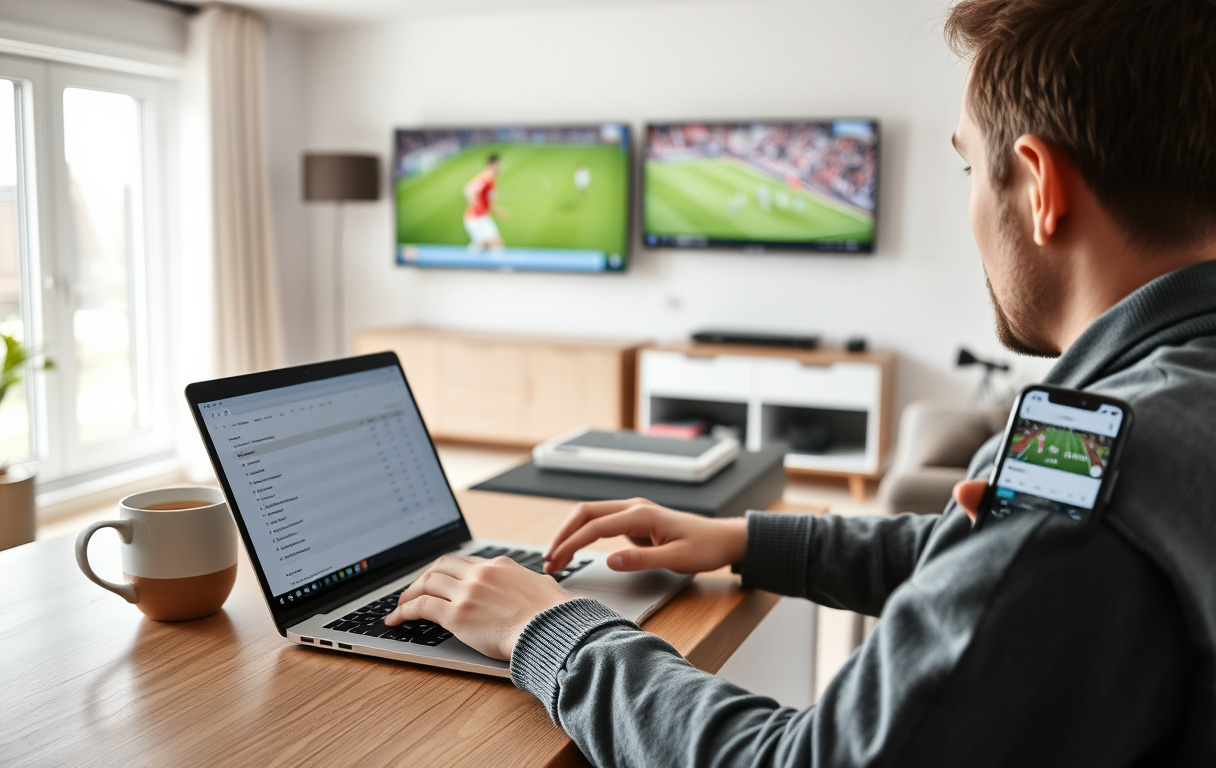 En person sammenligner odds på tre bettingsider på en laptop, med Vipps på mobilen og fotball på TV