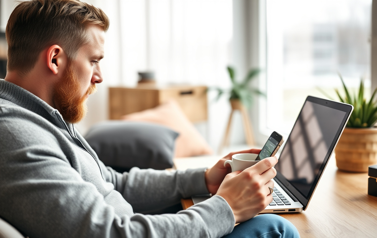 Norsk sportsfan sjekker fotballodds på laptop med mobil og kaffekopp, moderne hjemmeinteriør.