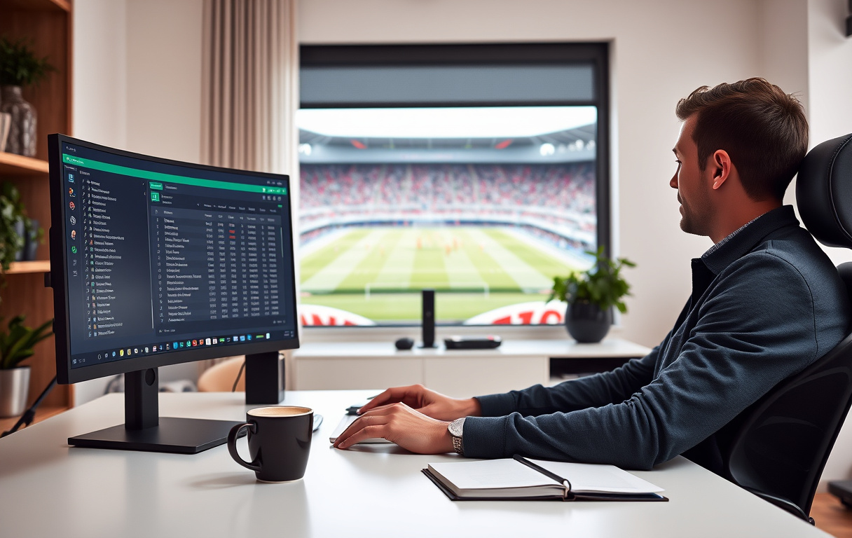 En person som sammenligner odds fra flere bookmakere på to skjermer, med fotball på TV-en