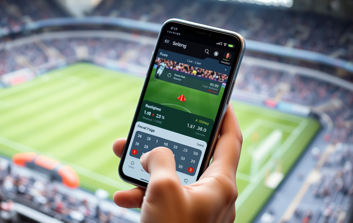 Mobiltelefon med odds-app for fotball-livebetting, holdt i hånd foran en stadion