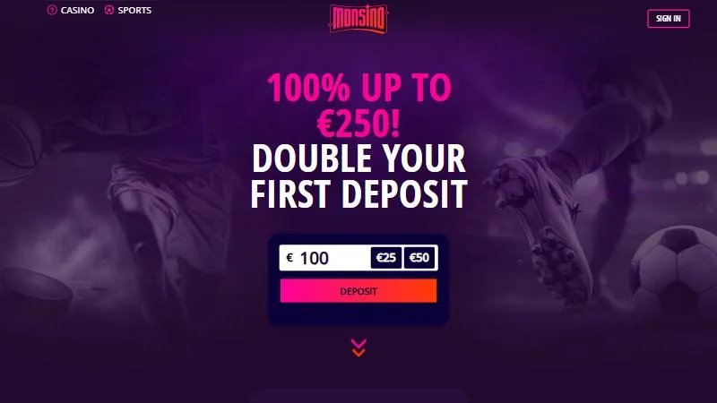 Skjermbilde av Monsinos sportsbonus: 100 % opptil €250