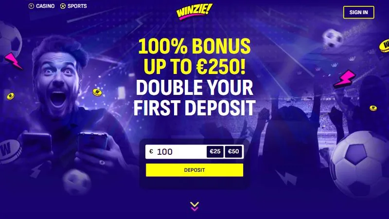 Skjermbilde av Winzies sportsbonus: 100 % opptil €250 på første innskudd