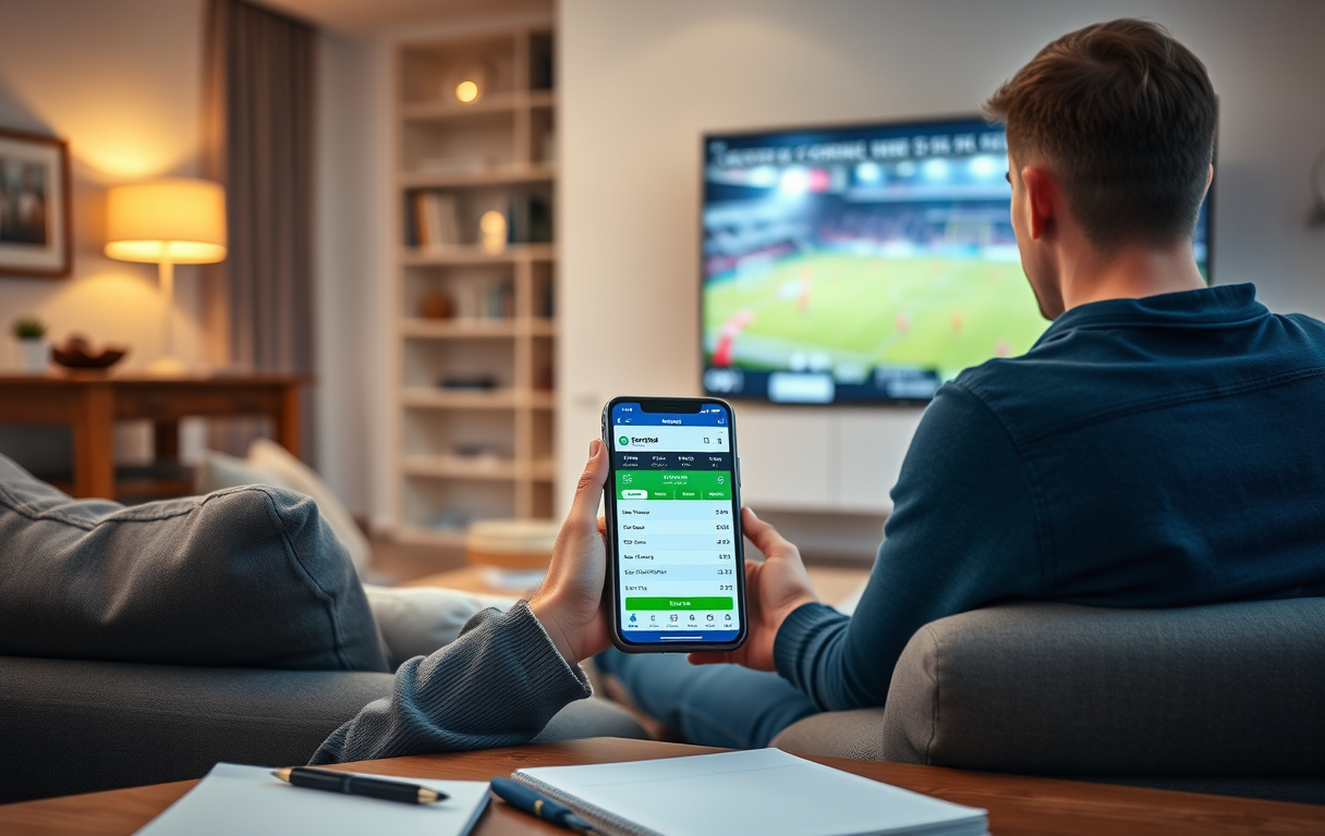 Norsk fotballspiller som bruker mobil med bettingapp for odds, ser på kamp på TV.