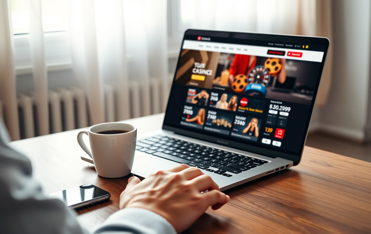 Person som sammenligner nettcasino på laptop med mobil og kaffekopp på bordet.