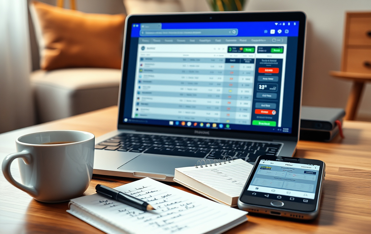 En person som sammenligner odds på bettingsider på en laptop, med notatblokk og mobiltelefon.