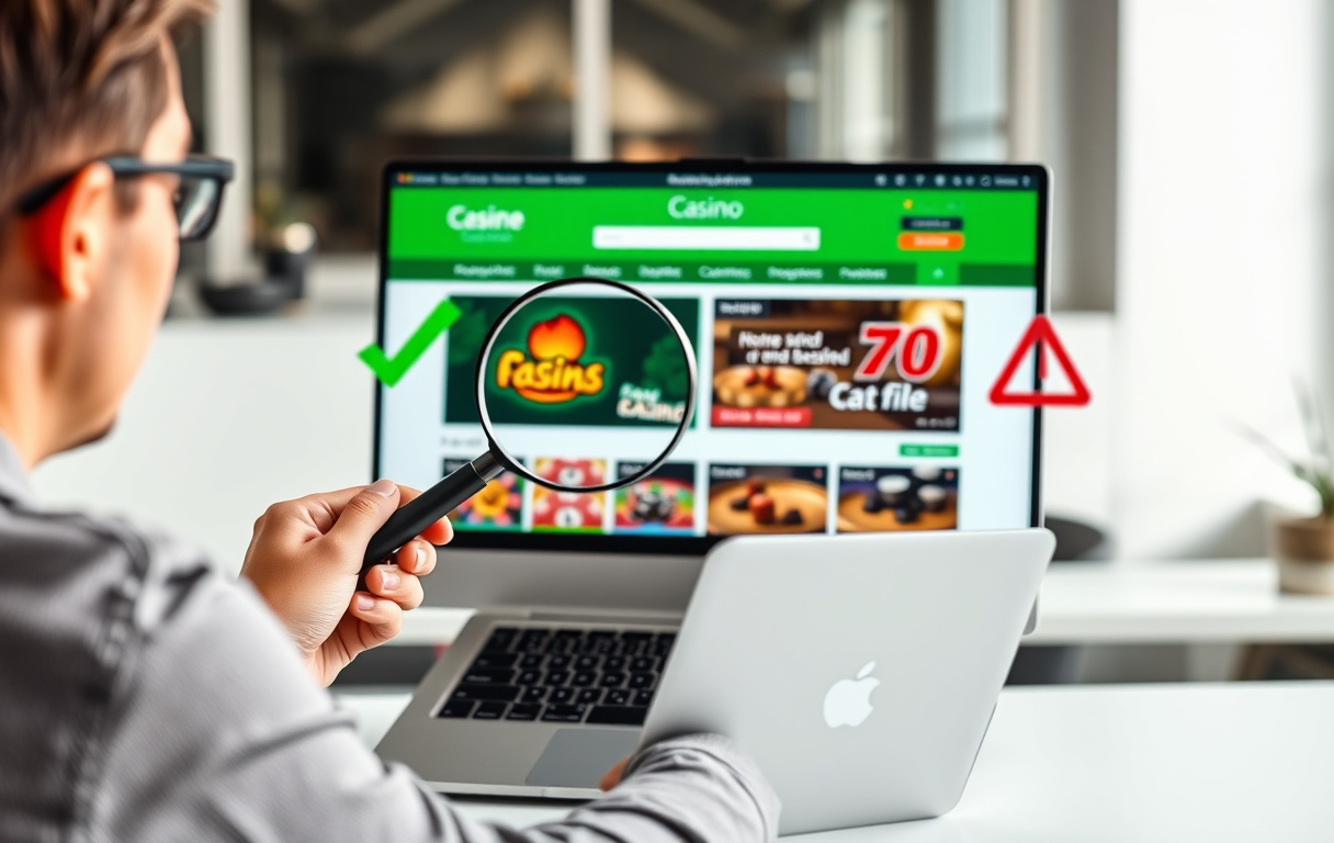 En person som sammenligner casinoer på en laptop med et forstørrelsesglass