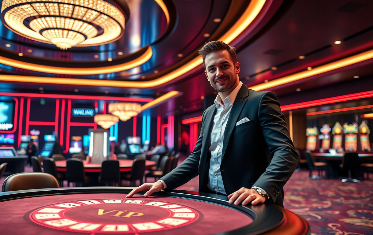 Highroller casino lobby med VIP-bord og neonlys