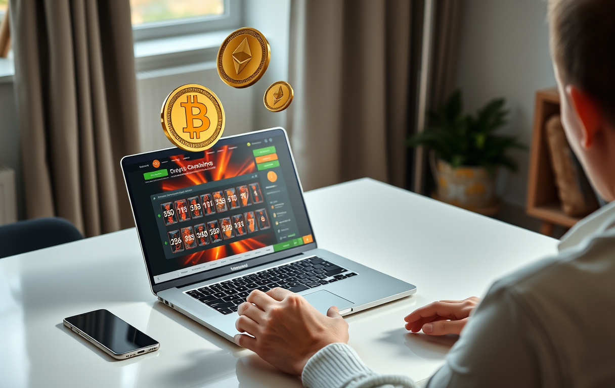 Person som spiller på kryptocasino på laptop med kryptovaluta-symboler