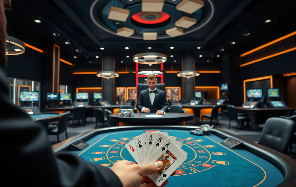 Live casino-studio med blackjack-bord, dealer i dress og flere kameraer