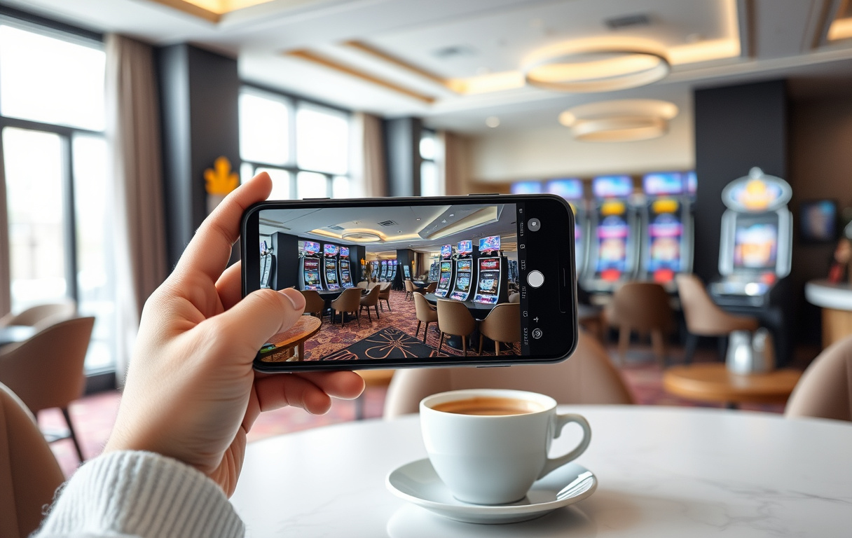 Person som holder en smarttelefon med casinospill på skjermen, med kaffekopp på bordet.