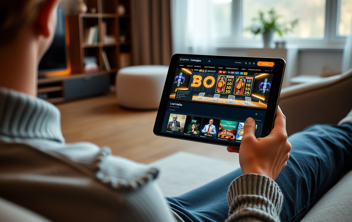 Mann som spiller på nettcasino med norsk grensesnitt på nettbrett i stue