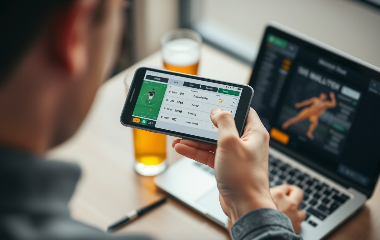 Person som sammenligner odds på mobiltelefon med fotballkamp i bakgrunnen.