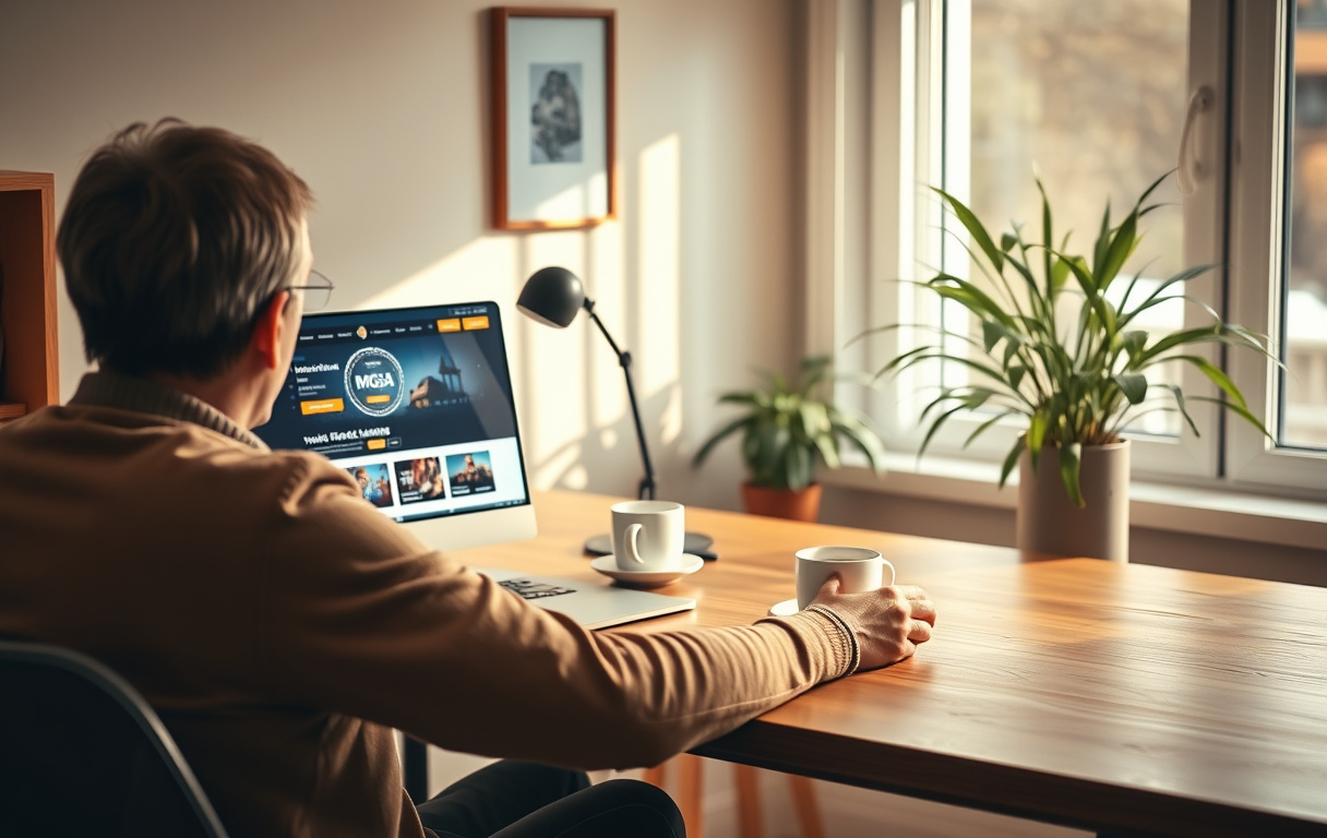 En person sitter ved et skrivebord og ser på en laptop med et casino nettsted, MGA-lisens synlig, koselig norsk hjemmekontor.