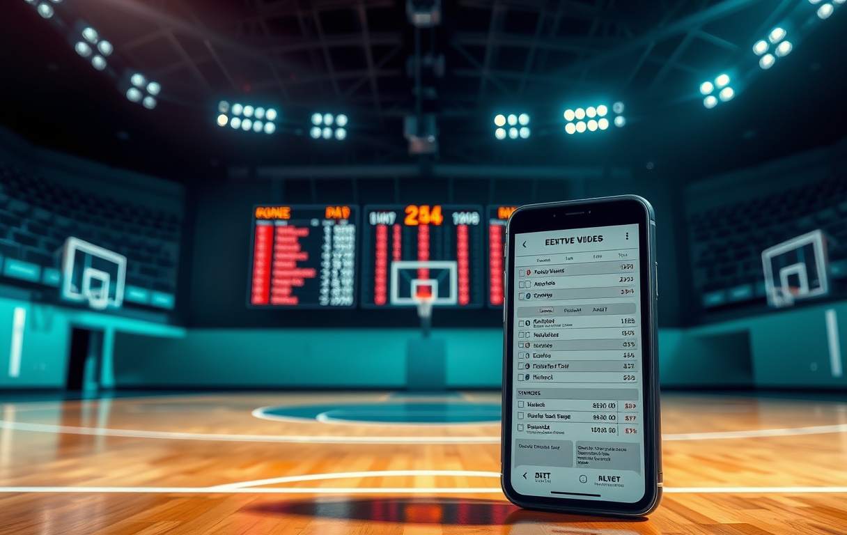 Basketballbane med odds og bettingskjerm i forgrunnen