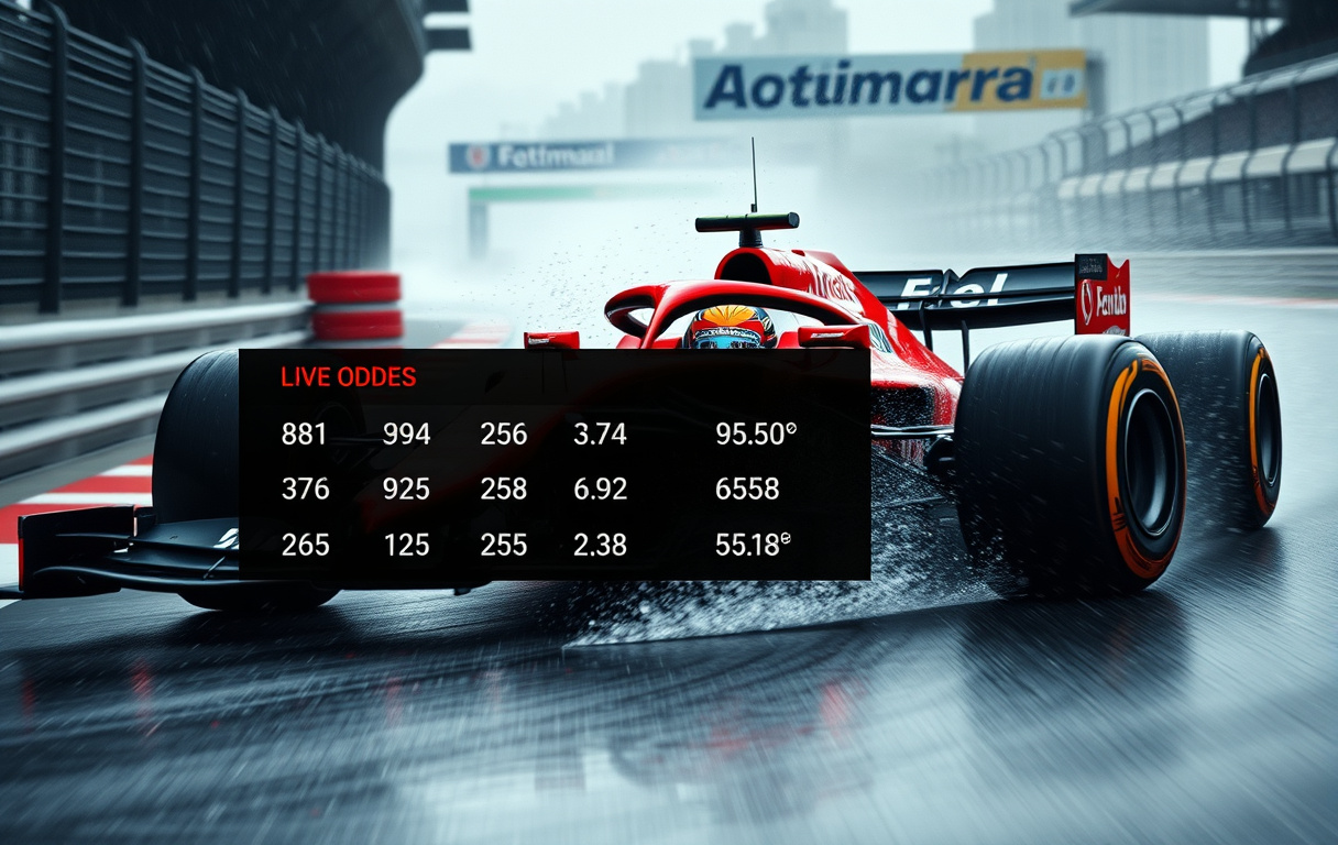 Formel 1-bil i regn med live odds-grafikk