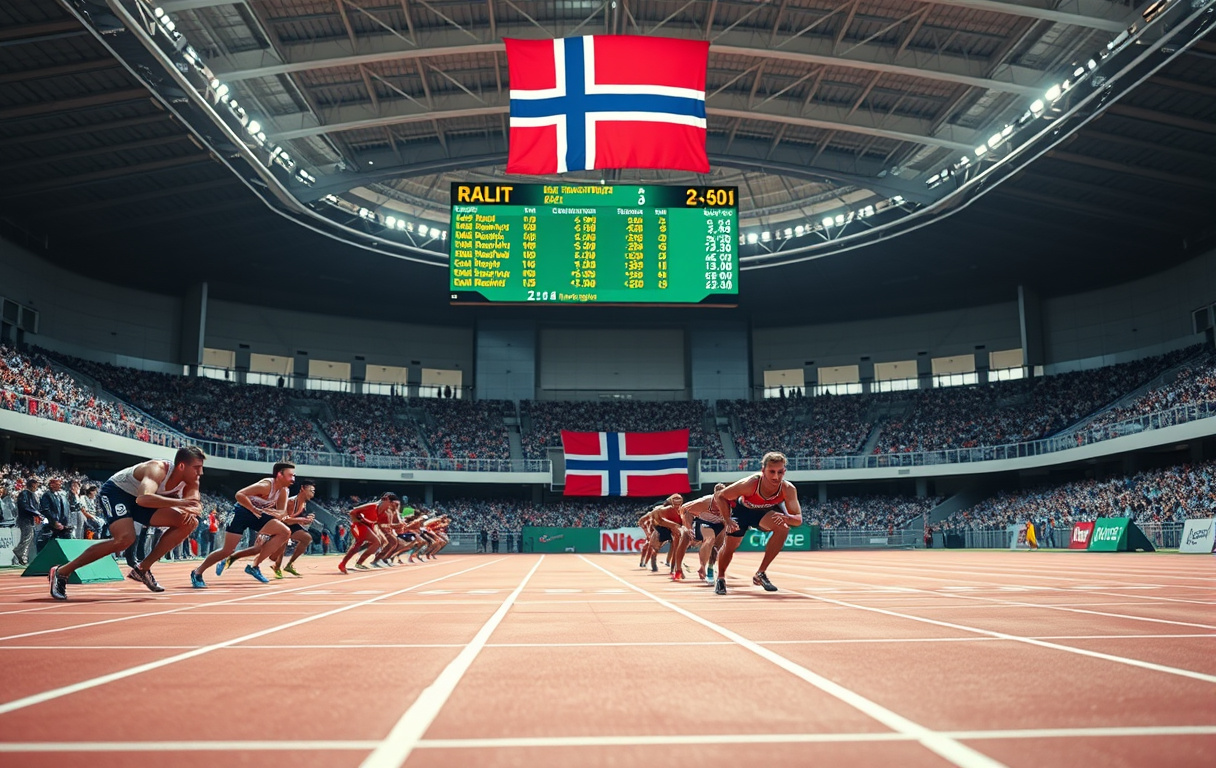 Friidrettsbane med 100m sprint og odds-tavle i bakgrunnen