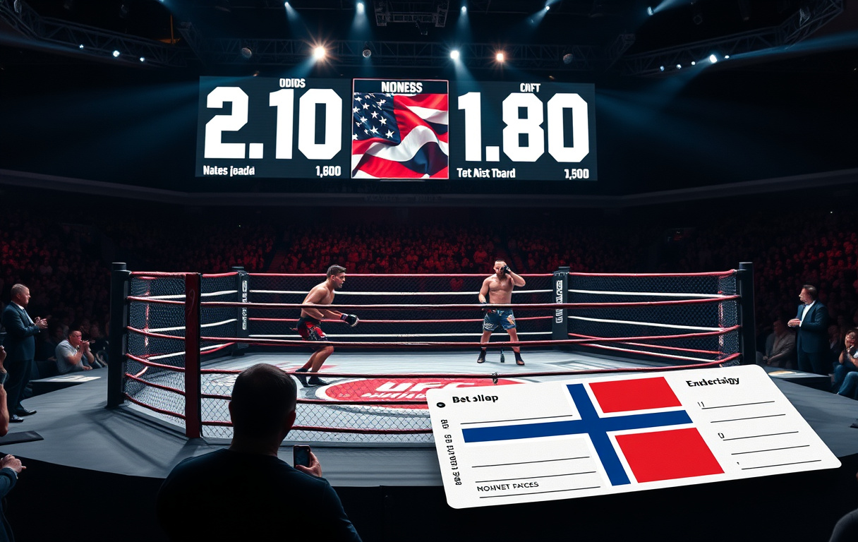 MMA-oktagon med oddstavle og norsk bettingskjerm i bakgrunnen