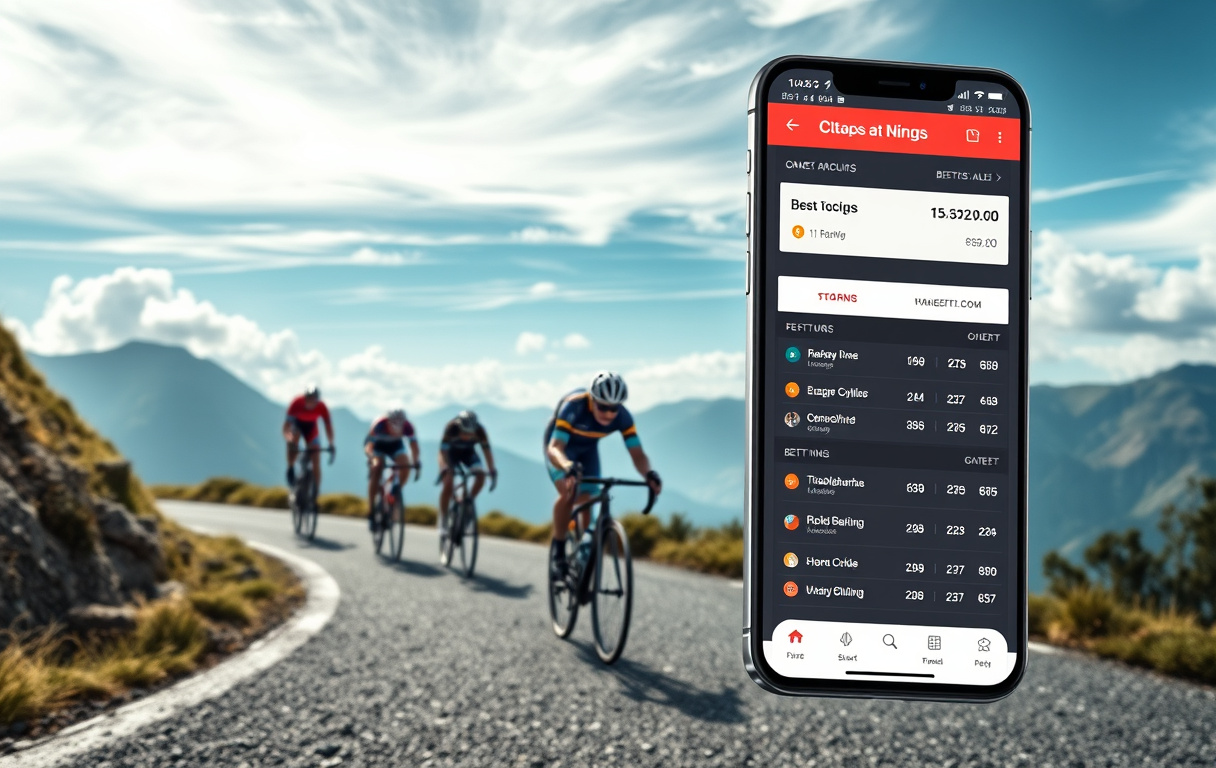 Sykling i fjellet med en mobiltelefon som viser odds for betting, redaksjonelt bilde.