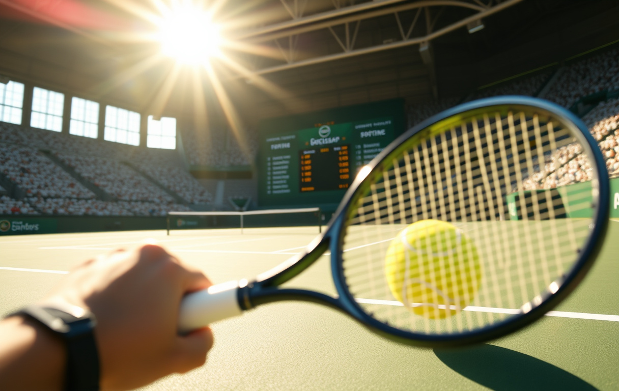 Tennisspiller som server under solen på en Grand Slam-bane, med odds og live-betting vist på en scoreboard i bakgrunnen.