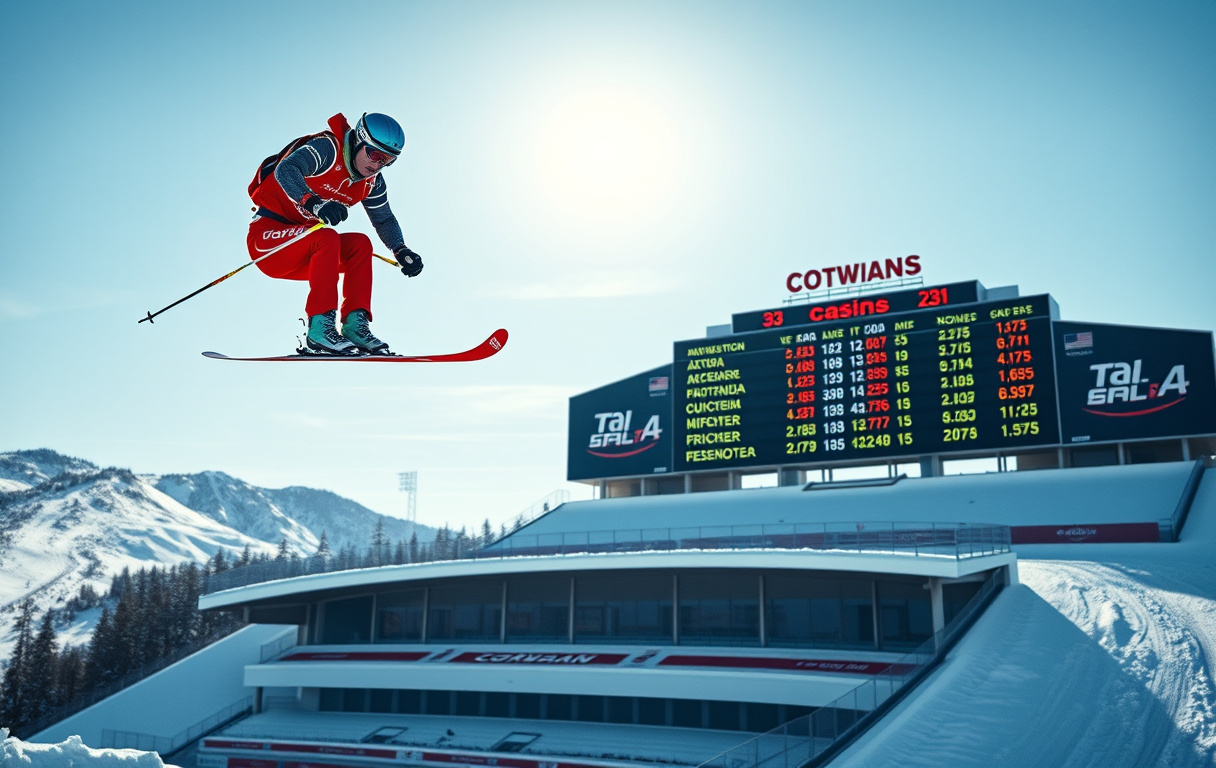 Skihopper i luften med oddstavle i bakgrunnen – illustrasjon til bettingguide på vintersport.